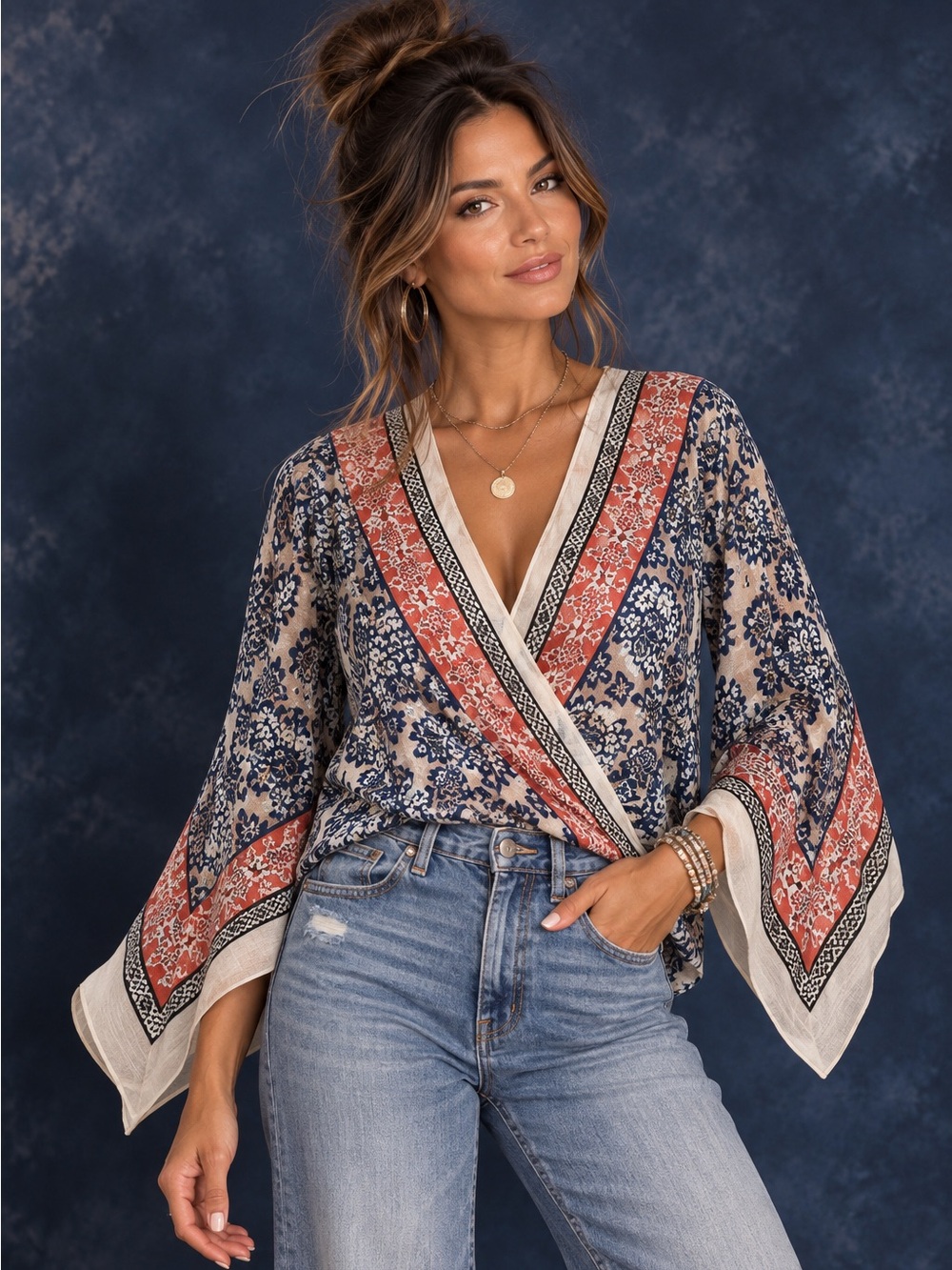 BCBGMaxAzria Navy & Rust Floral Wrap Blouse